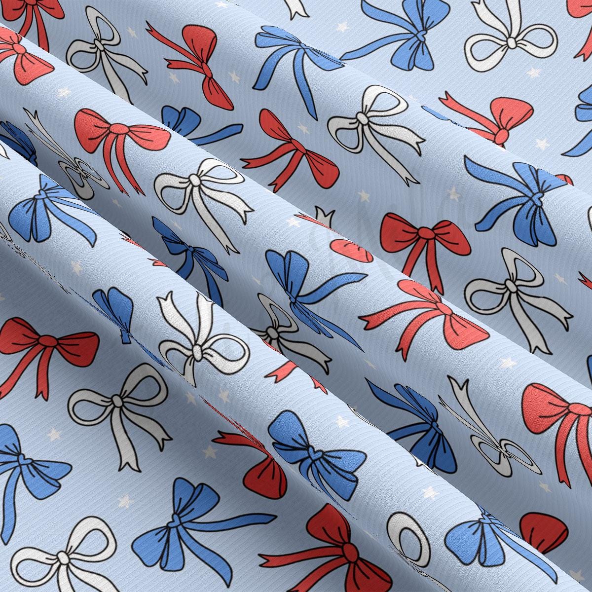 a blue background with red, white and blue bows