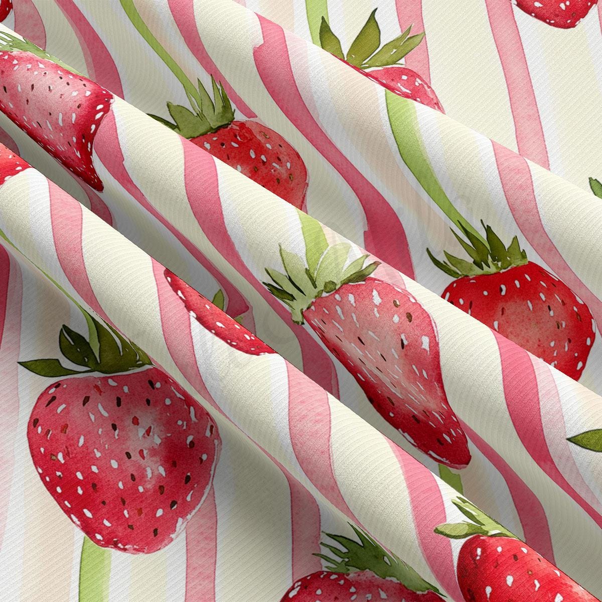 a close up of a pattern of strawberries on a pink and white striped background
