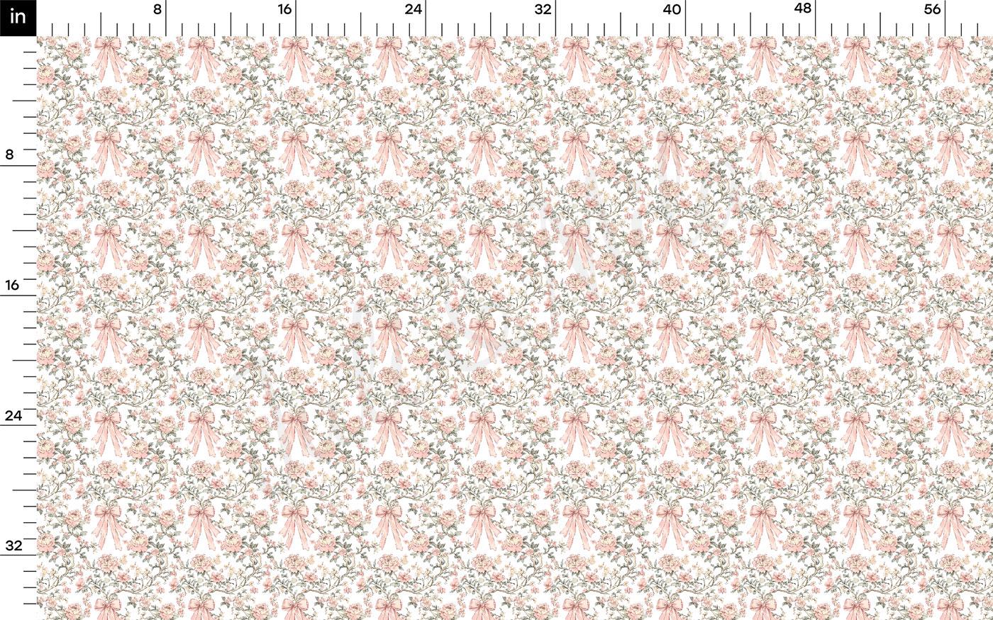 The image is a repeating pattern of pink flowers with bows, creating a floral design.