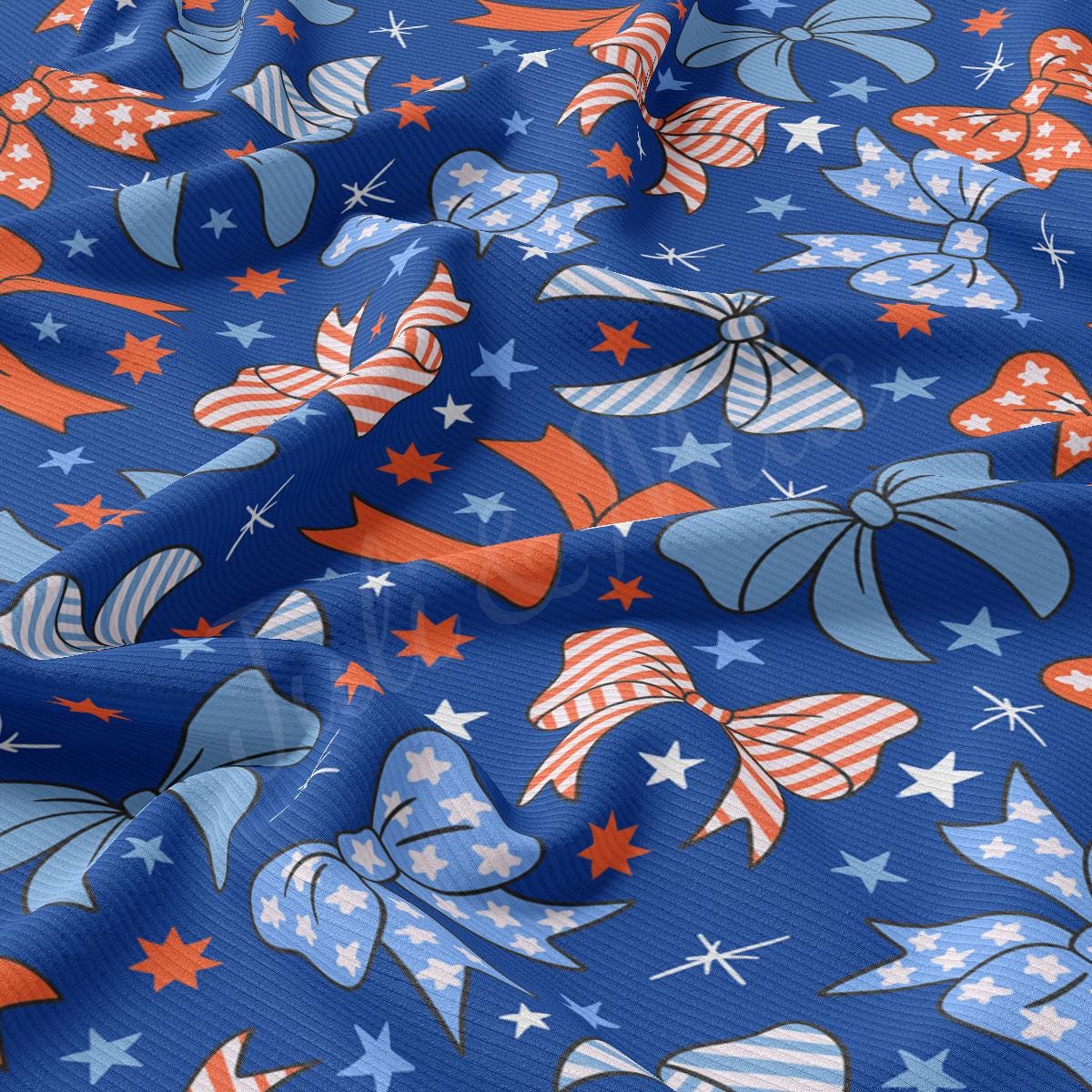 a blue background with red, white and blue bows