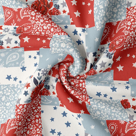 a red, white and blue fabric with stars on it