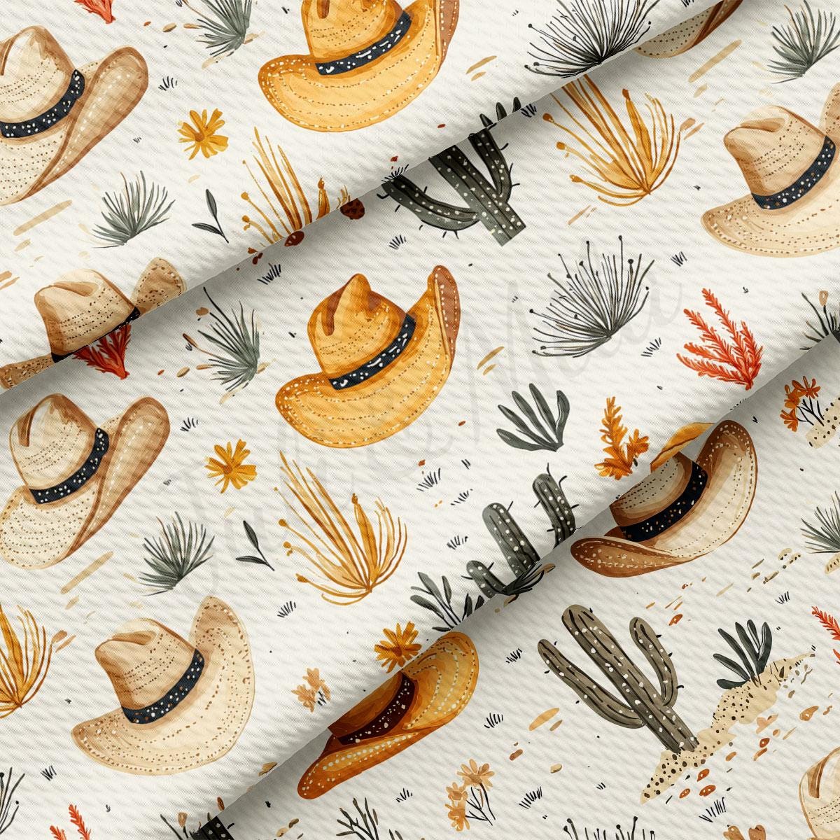 a repeating pattern of cowboy hats and cacti on a white background.