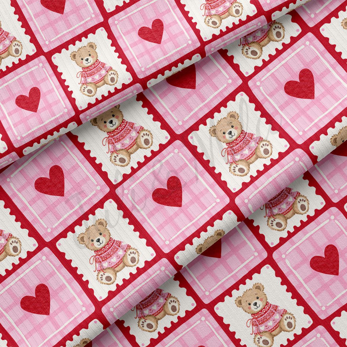 a repeating pattern of pink and white checkered squares, each containing a teddy bear wearing a pink sweater and a red heart.