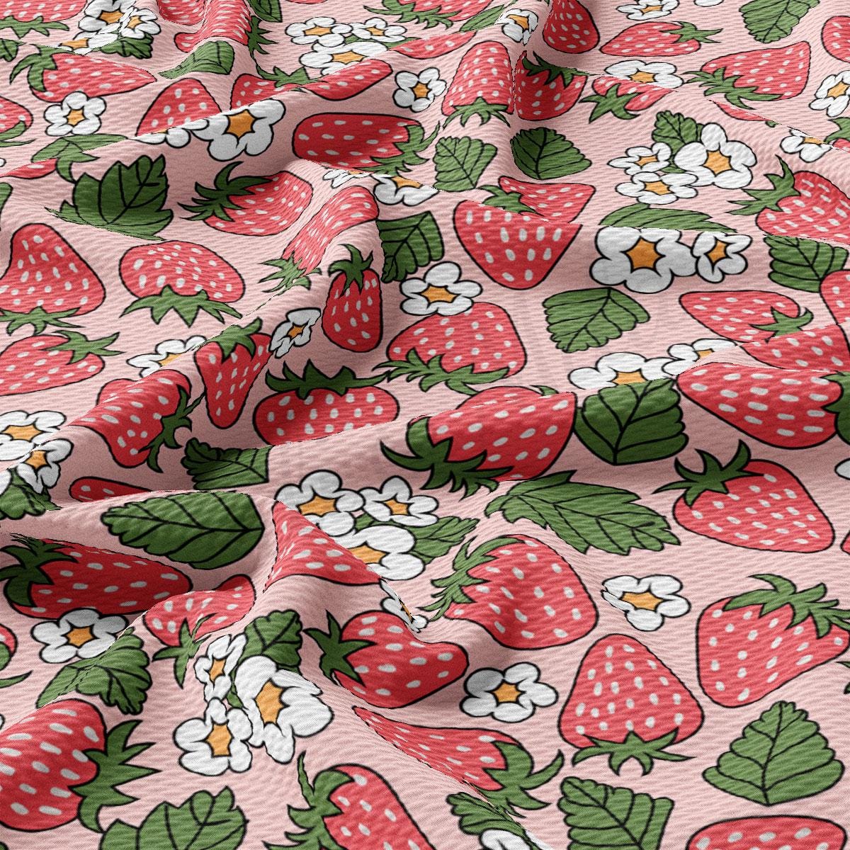 a pink background with strawberries and daisies