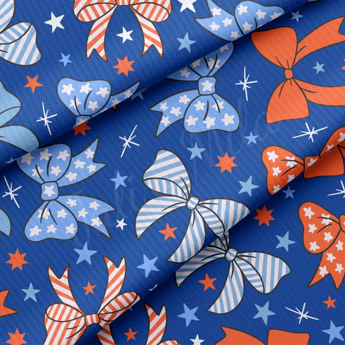 a blue background with red, white and blue bows