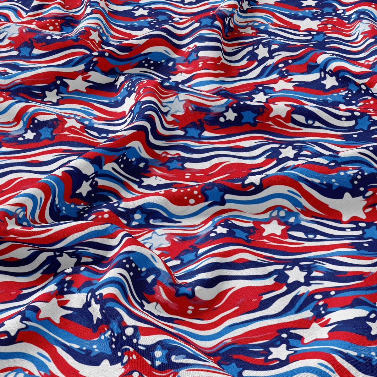 a red, white, and blue fabric with wavy lines