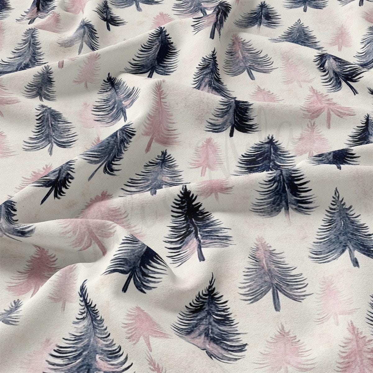 a close-up view of a fabric with a repeating pattern of stylized pine trees in shades of pink and blue.