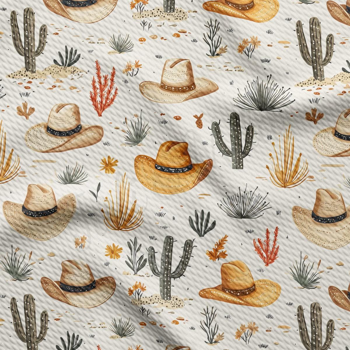 a repeating pattern of cowboy hats and cacti on a white background.