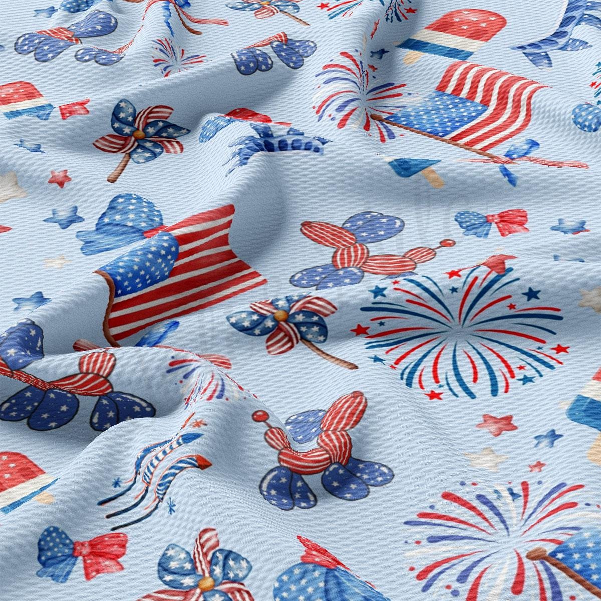 a blue background with red, white and blue fireworks