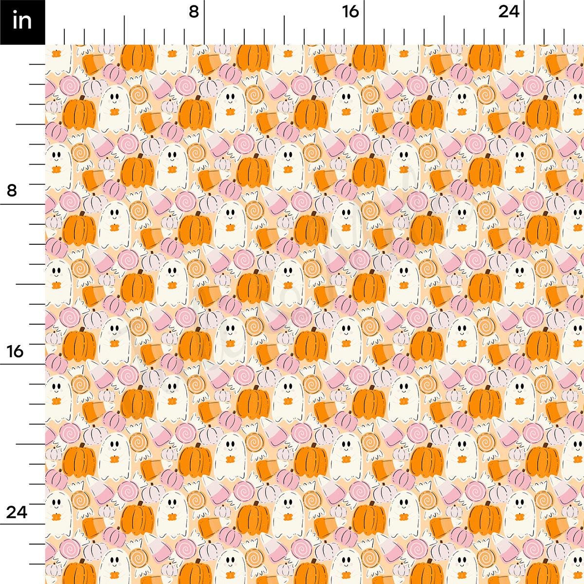 a repeating pattern of various Halloween-themed objects, including pumpkins, candy canes, and ghostly figures. The objects are arranged in a grid-like pattern, creating a visually striking and festive design.