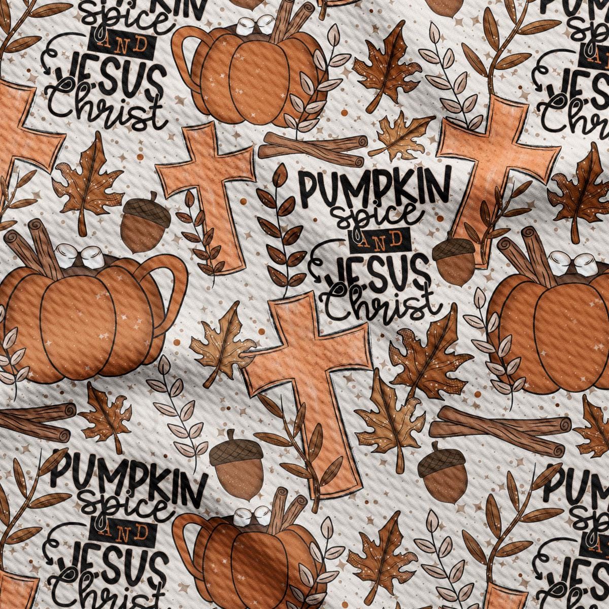a repeating pattern of autumn-themed elements, including pumpkins, leaves, crosses, and spices. The text "Pumpkin spice and JESUS Christ" is visible, suggesting a connection between the elements and a religious theme.
