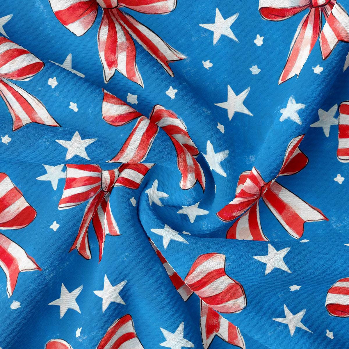 a blue background with red, white and blue stars and bows