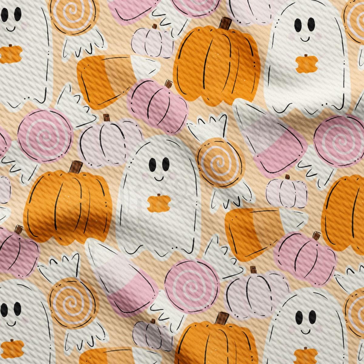 a repeating pattern of Halloween-themed ghost and pumpkin illustrations in various shades of orange, white, and pink.