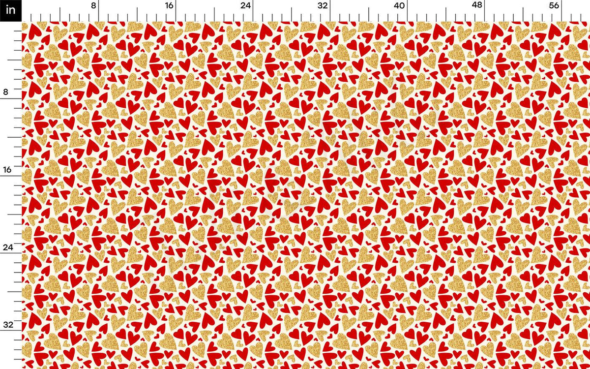 The image is a repeating pattern of red and gold hearts, with the red hearts appearing larger than the gold ones. The pattern is composed of numerous small heart shapes, creating a visually striking and vibrant design.