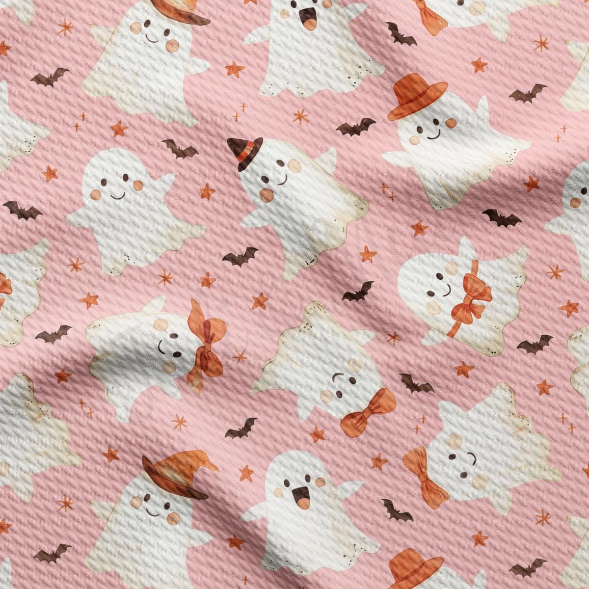 a repeating pattern of white ghost characters with orange hats and bow ties against a pink background, accompanied by bats and stars.