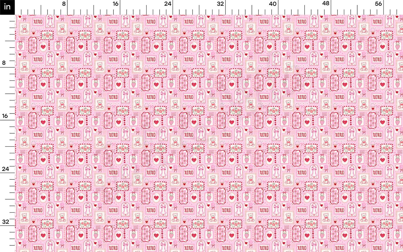 The image is a repeating pattern of pink and white shapes, including hearts, flowers, and other decorative elements, arranged in a grid-like fashion.