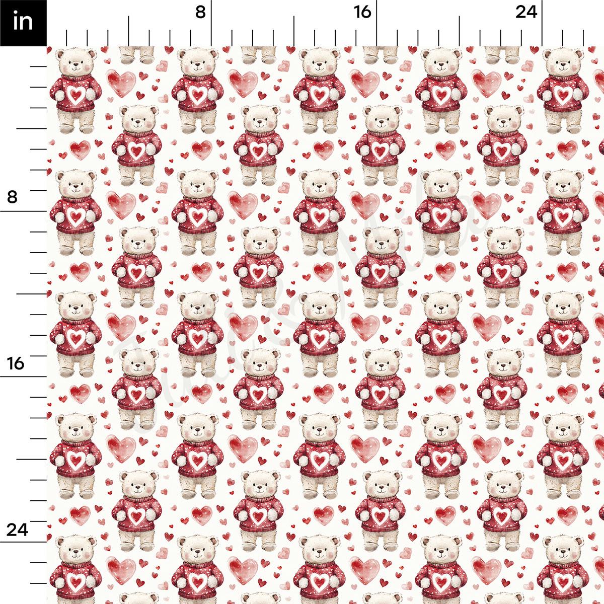 a repeating pattern of teddy bears wearing red sweaters and holding hearts, with hearts scattered throughout the scene.