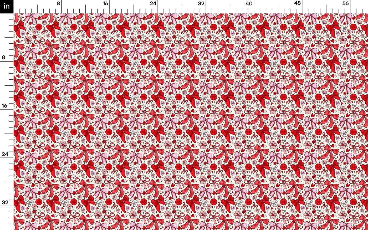 The image is a repeating pattern of red flowers and leaves on a white background.