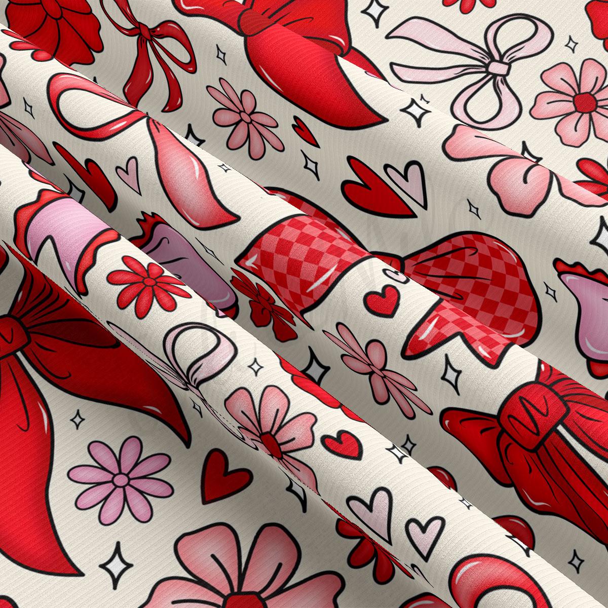 The image is a close-up of a fabric with a repeating pattern of red bows, flowers, hearts, and stars on a white background.