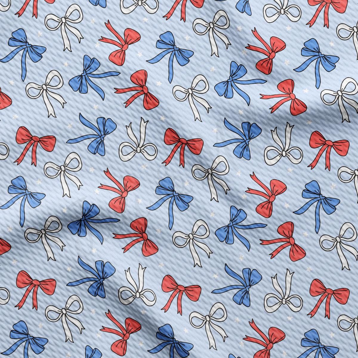a blue background with red, white and blue bows