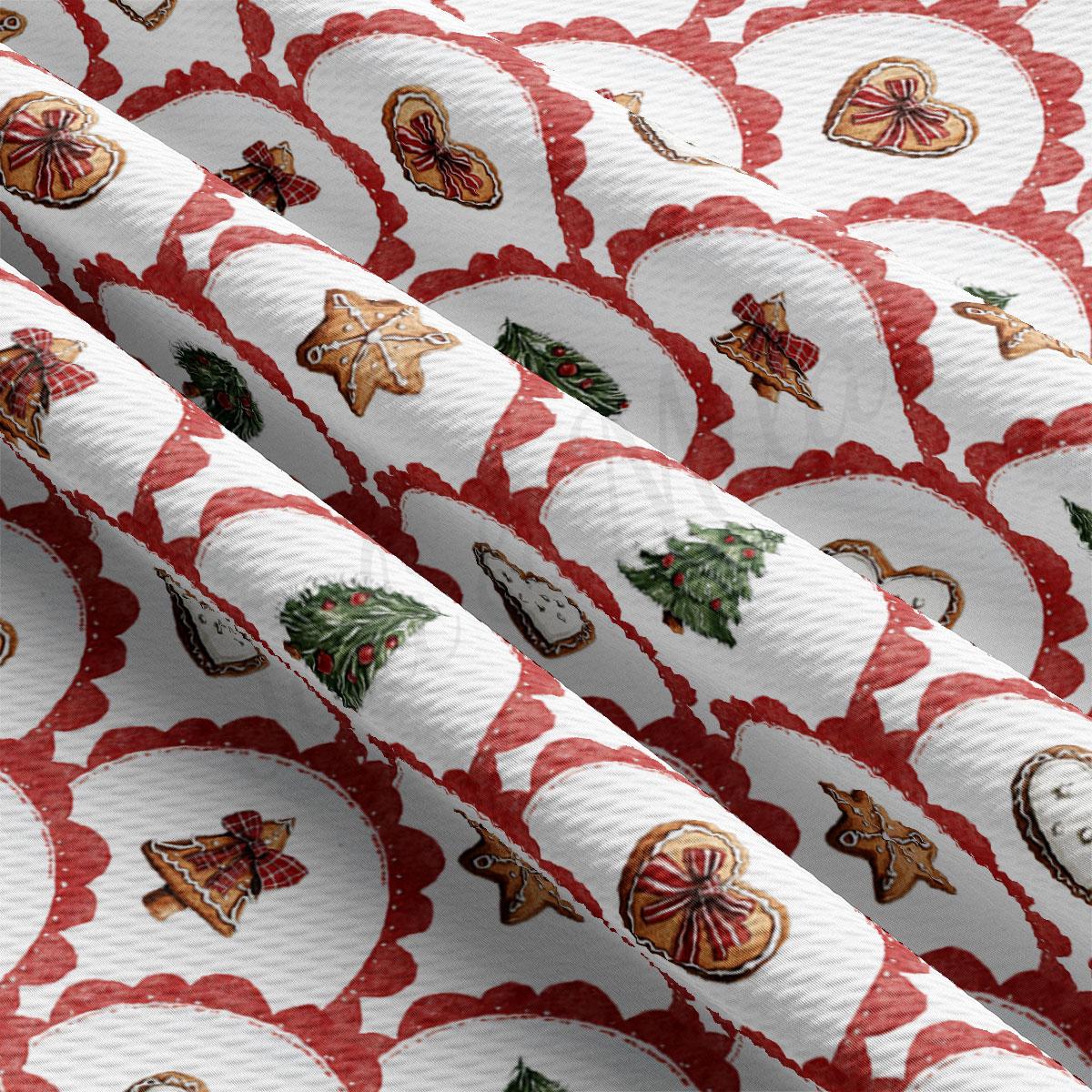 a close-up view of a fabric with a repeating pattern of Christmas-themed designs, including gingerbread cookies, pine trees, and other festive elements.