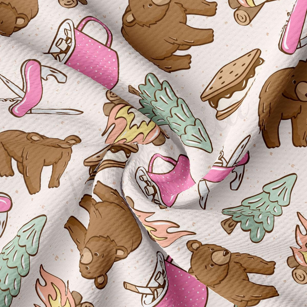 a white fabric with brown bears and trees on it