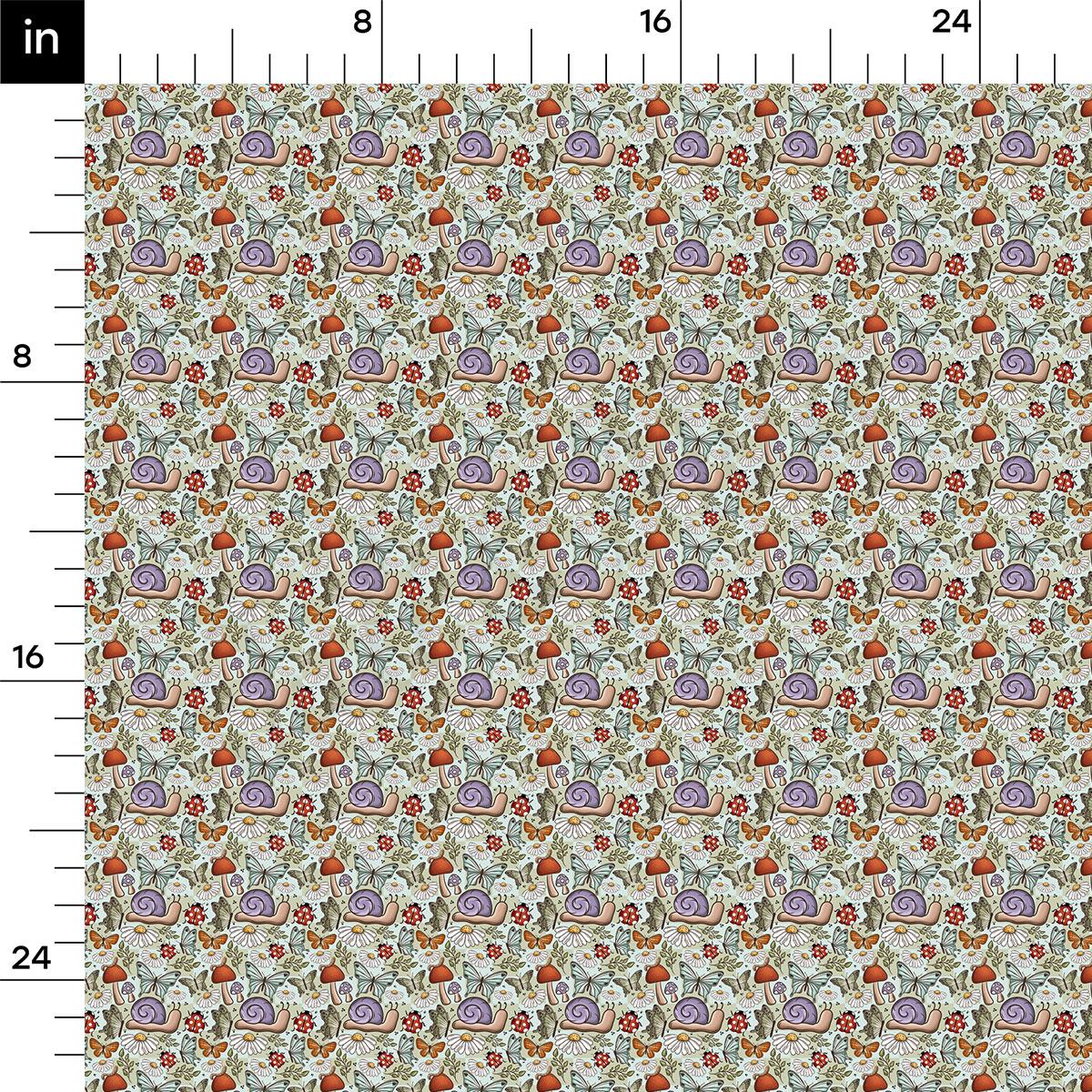 The image is a repeating pattern of various colorful mushrooms and snails, creating a whimsical and playful design.