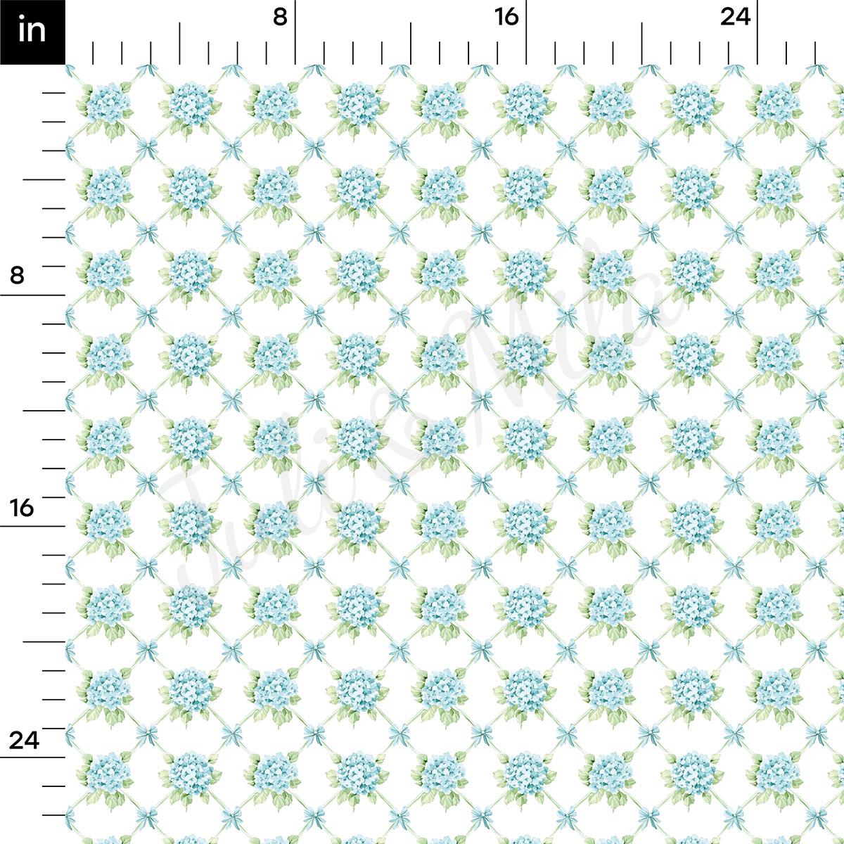 a repeating pattern of blue hydrangea flowers on a white background, with a grid-like arrangement of the flowers.