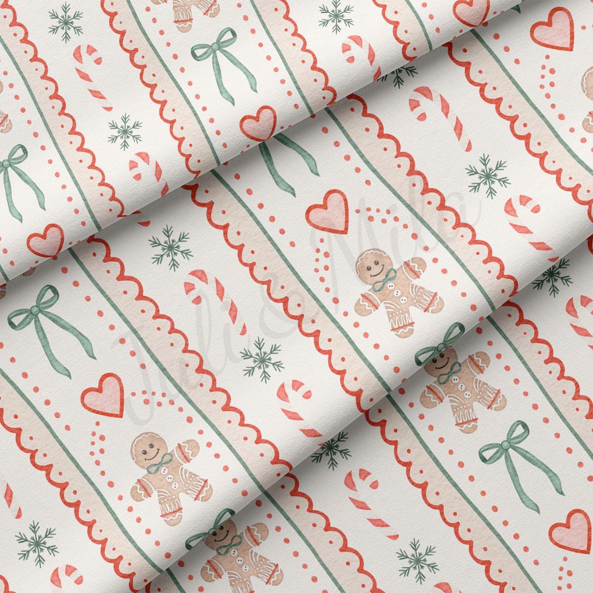 a repeating pattern of Christmas-themed elements, including gingerbread men, snowflakes, hearts, and candy canes. The pattern is composed of vertical stripes and horizontal lines, creating a festive and holiday-inspired design.