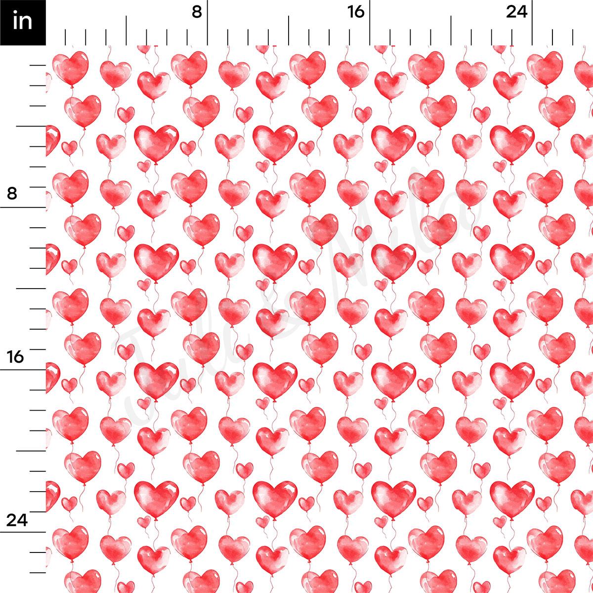 a repeating pattern of red heart-shaped balloons floating against a white background.