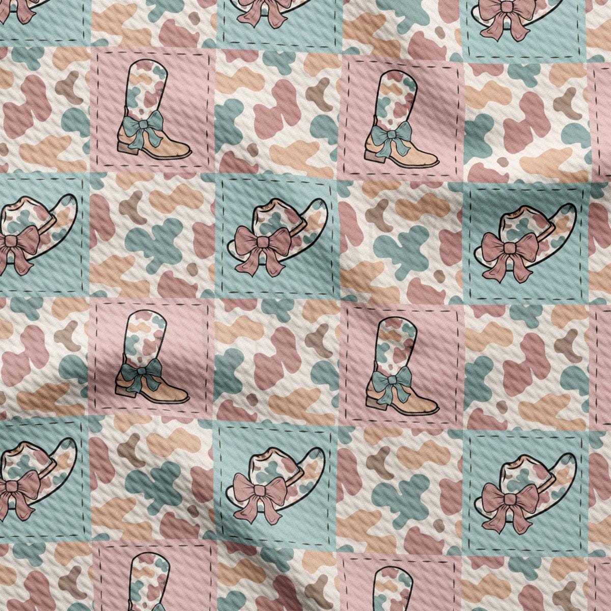 a pattern of shoes and bows on a pink and blue background