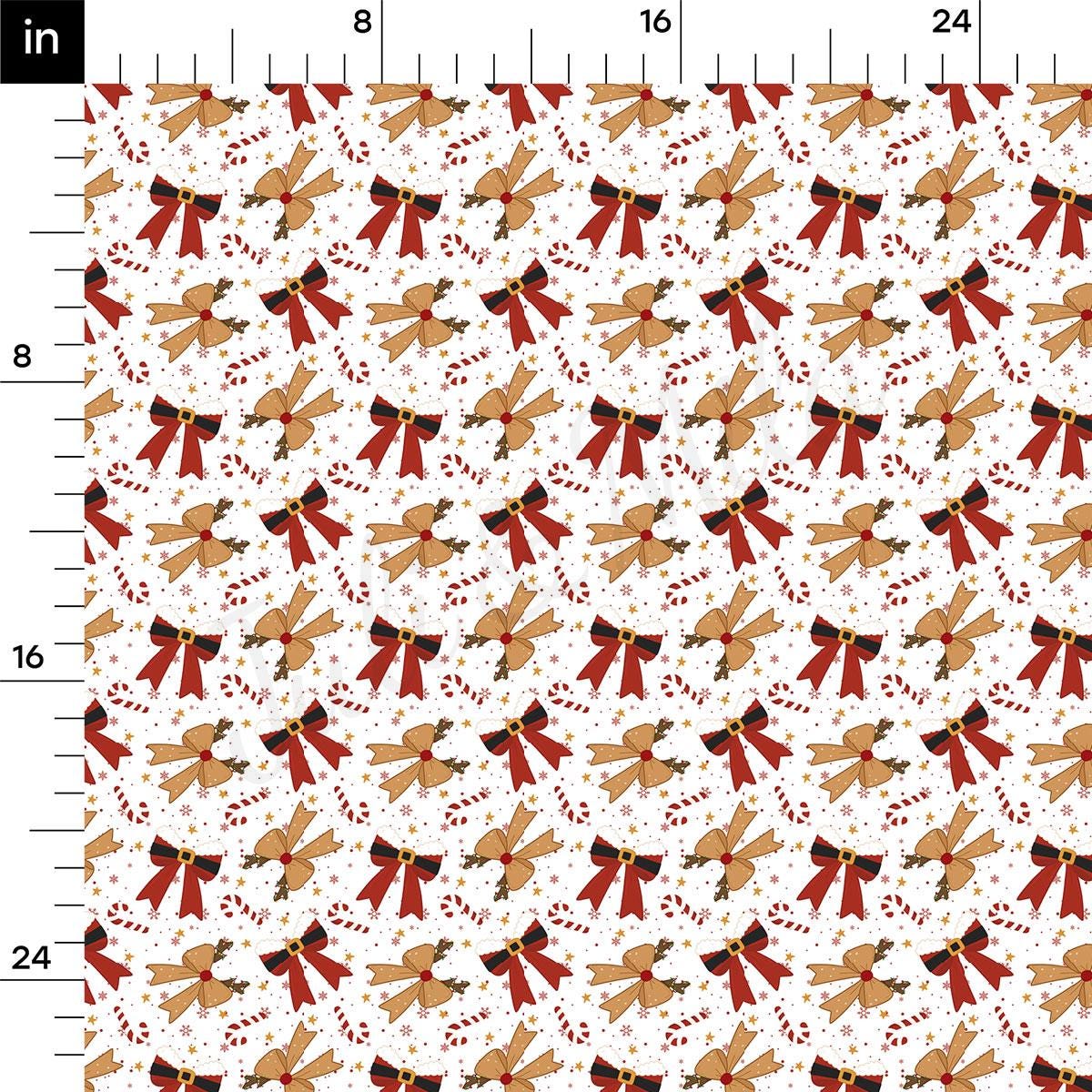 a repeating pattern of red and brown bows and candy canes on a white background.
