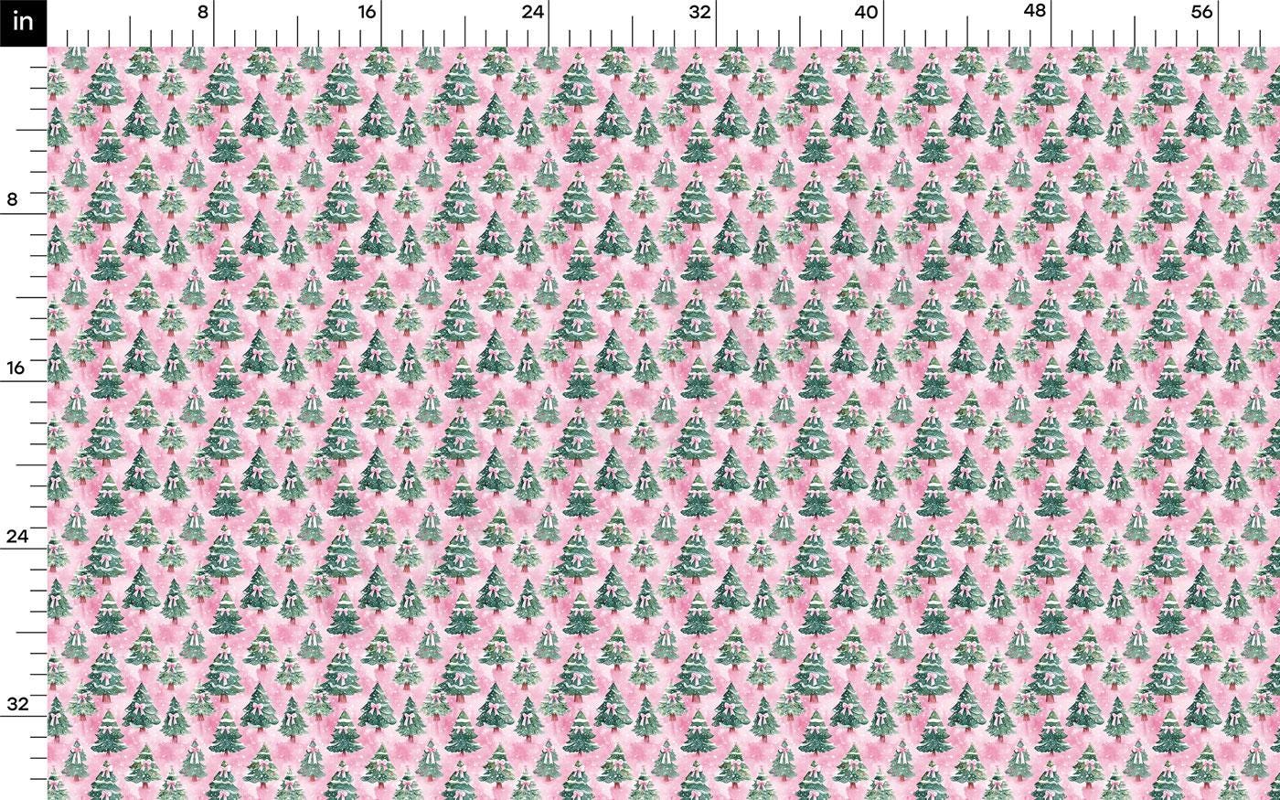 The image is a repeating pattern of green Christmas trees on a pink background, creating a festive and holiday-themed design.