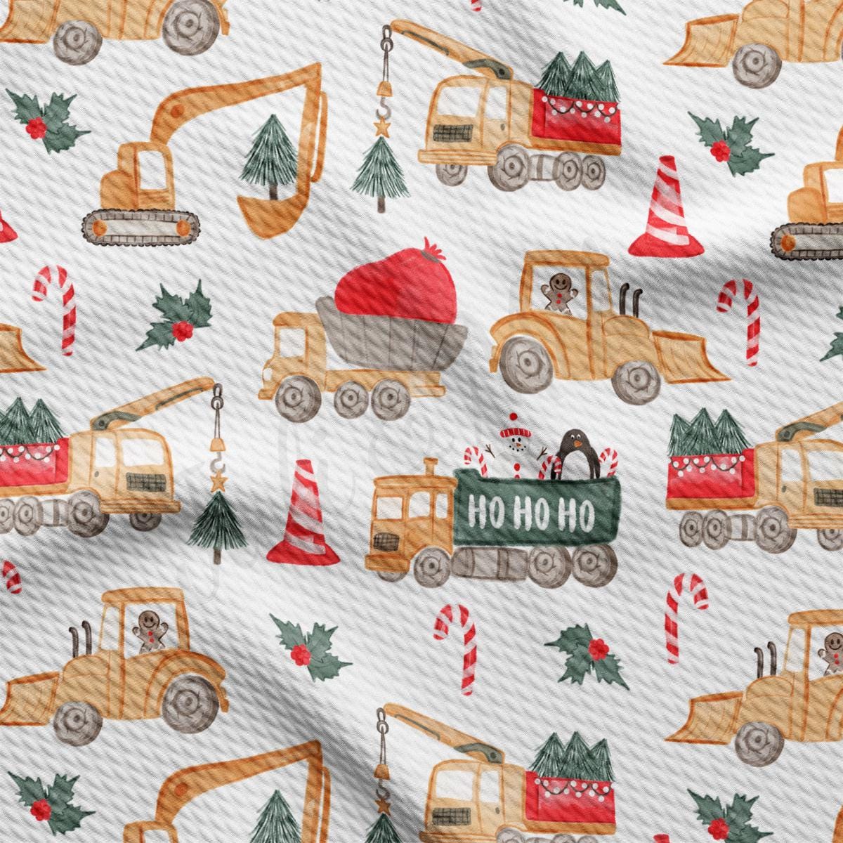 a pattern of christmas themed construction vehicles