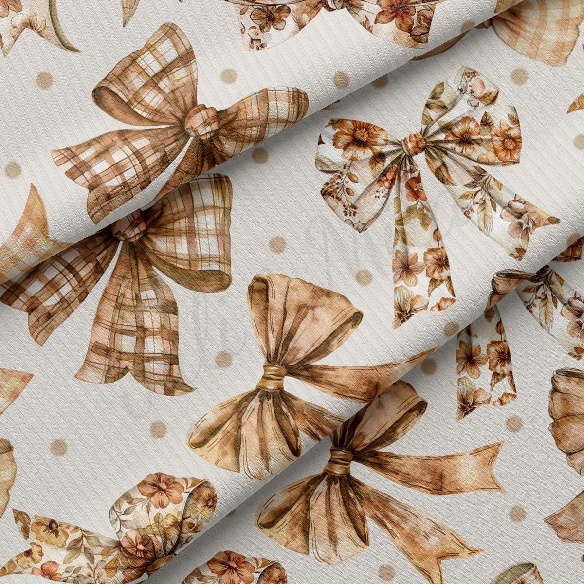 a variety of brown and white bows, some with floral patterns, arranged in a repeating pattern on a white background.