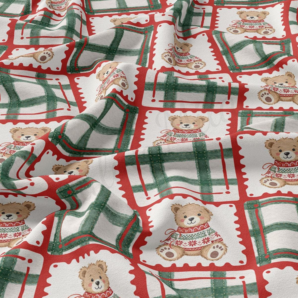 a fabric with a repeating pattern of teddy bears wearing Christmas sweaters, arranged in a grid-like pattern with red and green borders.