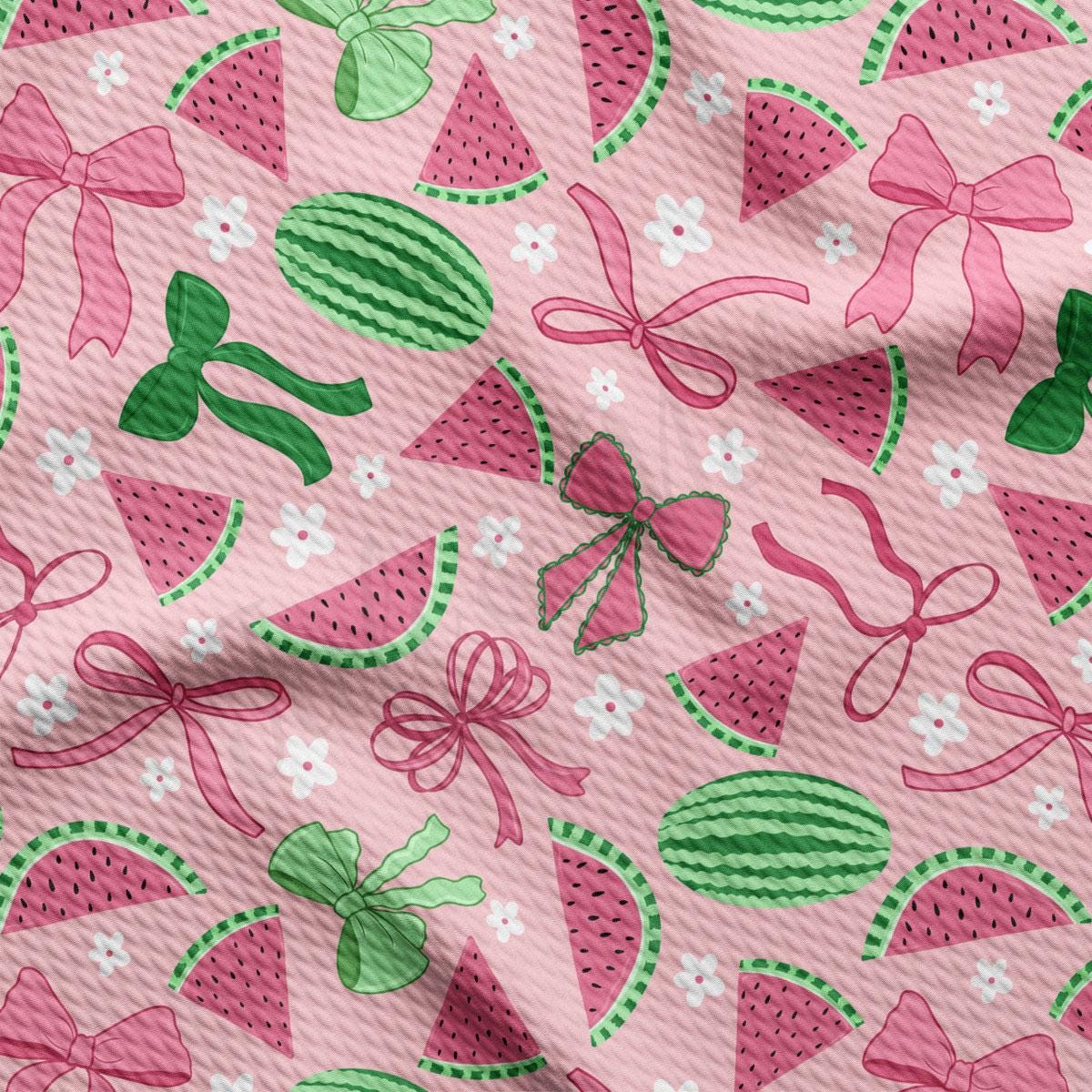 a pink background with watermelon slices and bows