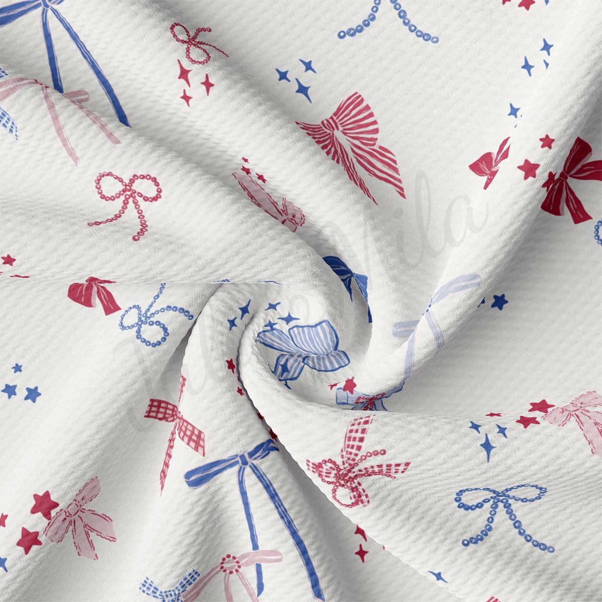 a white fabric with red, white and blue designs