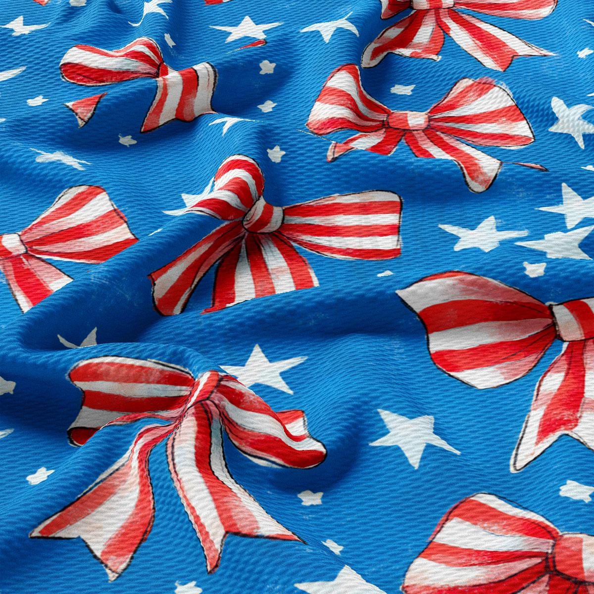 a blue background with red, white and blue bows