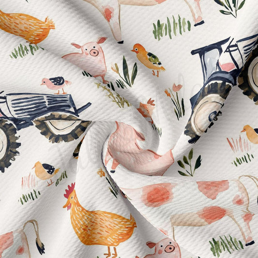 The image is a close-up of a fabric with a repeating pattern of farm animals, including chickens, ducks, and cows, along with farm equipment such as tractors and plows.