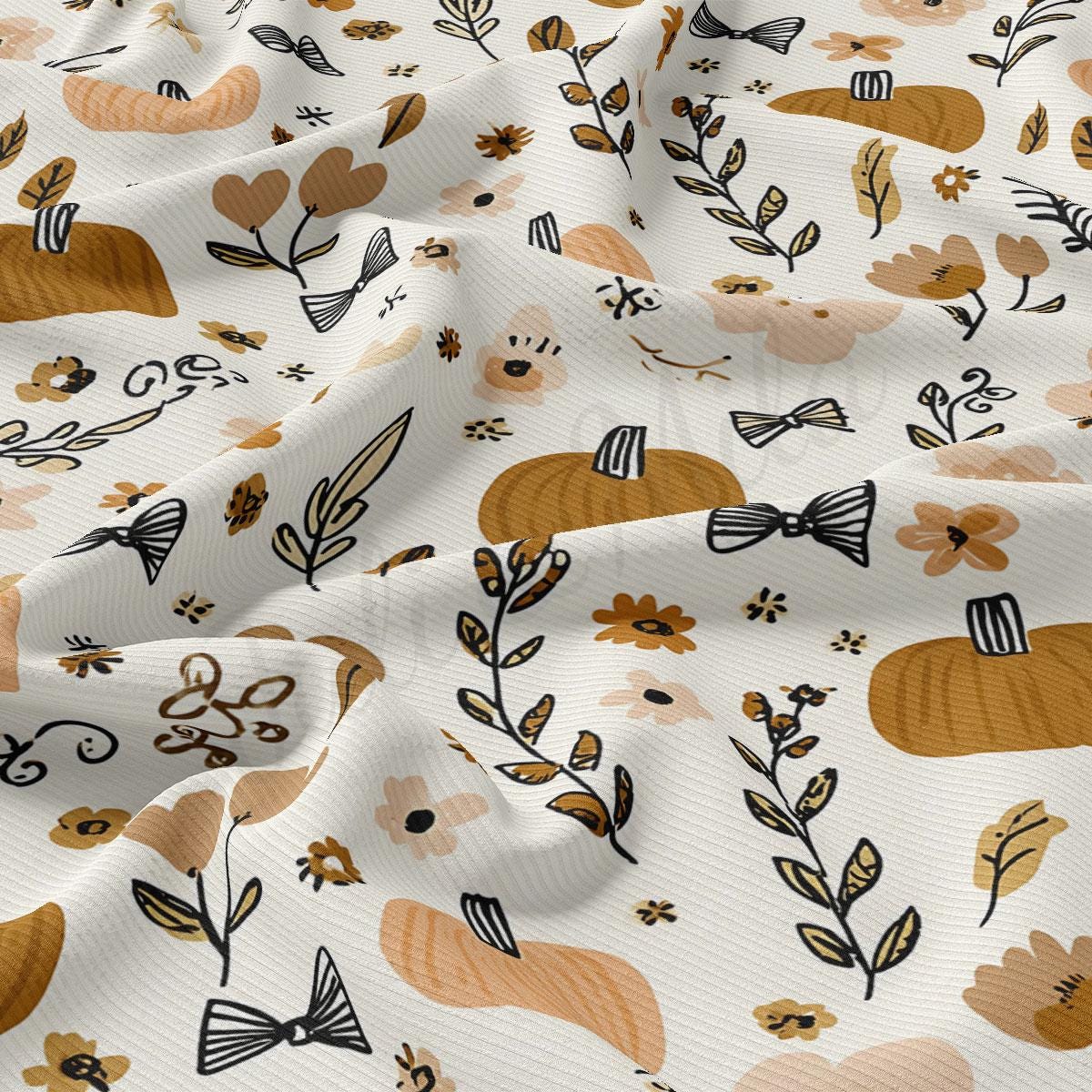 a close-up view of a fabric with a repeating pattern of pumpkins, leaves, and flowers in various shades of brown and beige.