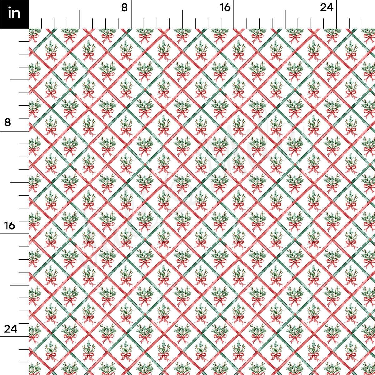a repeating pattern of red and green Christmas-themed ribbons arranged in a diamond shape.