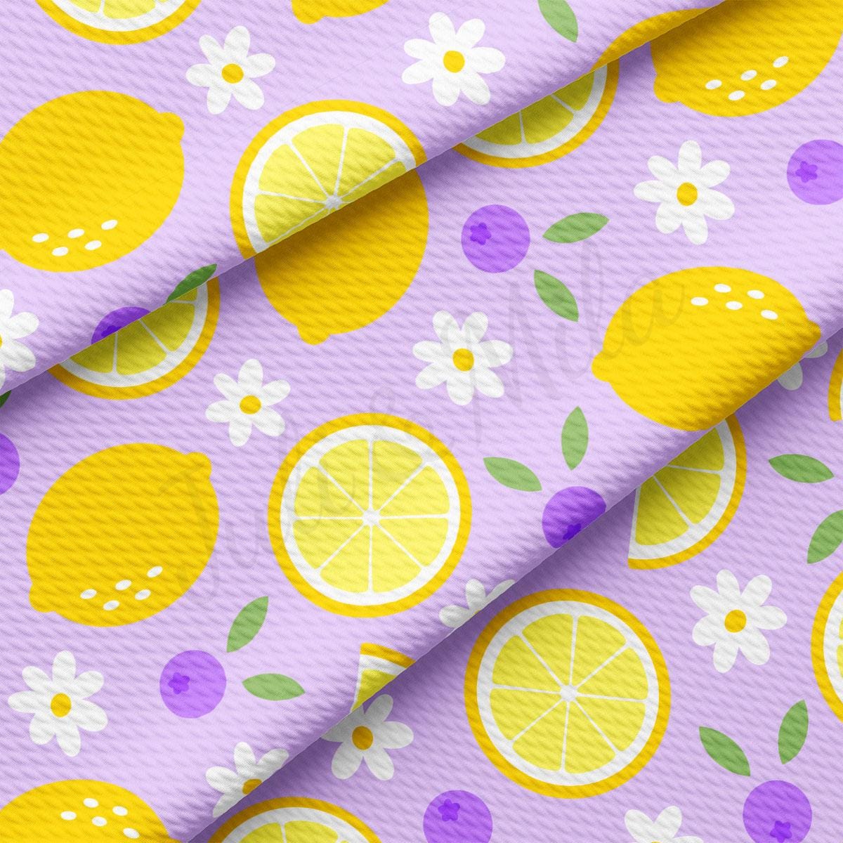 a pattern of lemons and daisies on a purple background