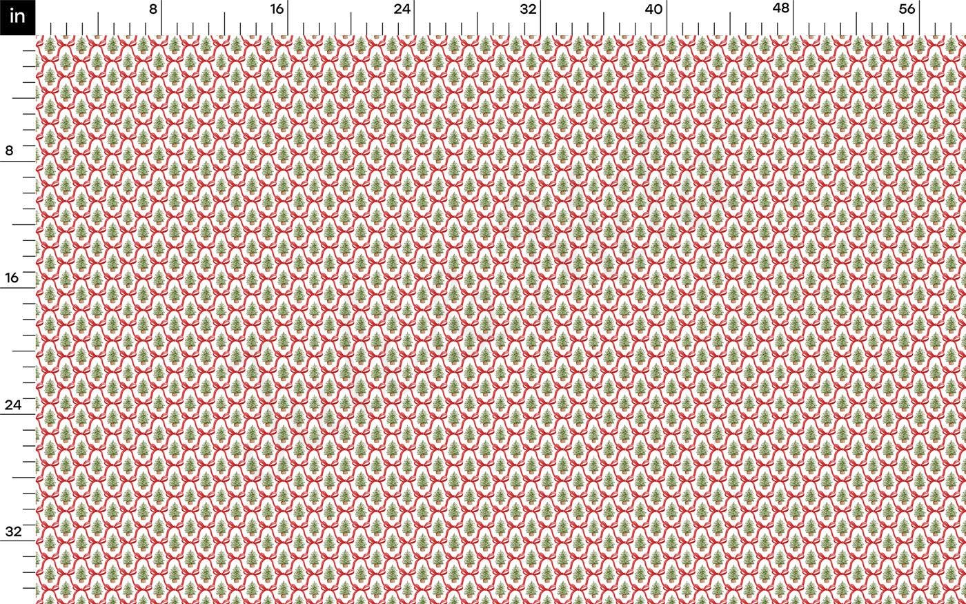The image is a fabric with a repeating pattern of red and green circles, resembling a knitted or crocheted design.