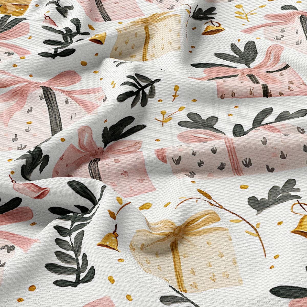The image is a close-up of a fabric with a repeating pattern of pink and black flowers, leaves, and gift boxes.