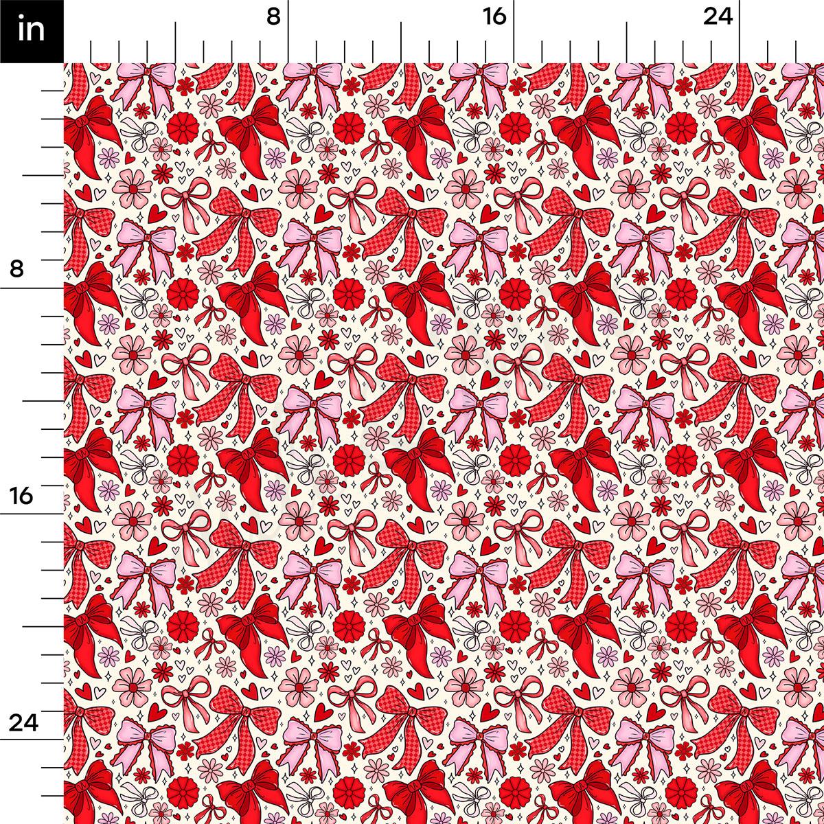 a repeating pattern of red bows and flowers on a white background.