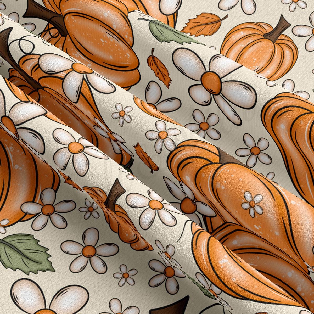 a repeating pattern of orange pumpkins and white flowers on a beige background.