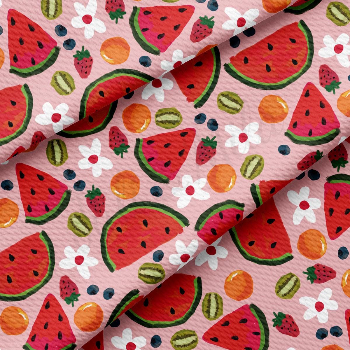a pink background with watermelon slices and berries