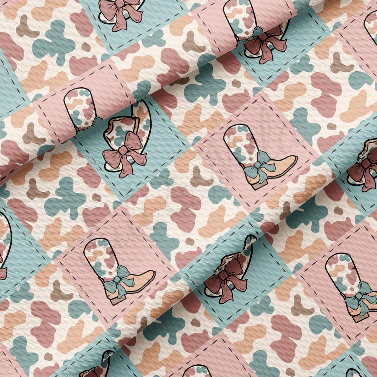 a pink and blue pattern with a bow on it