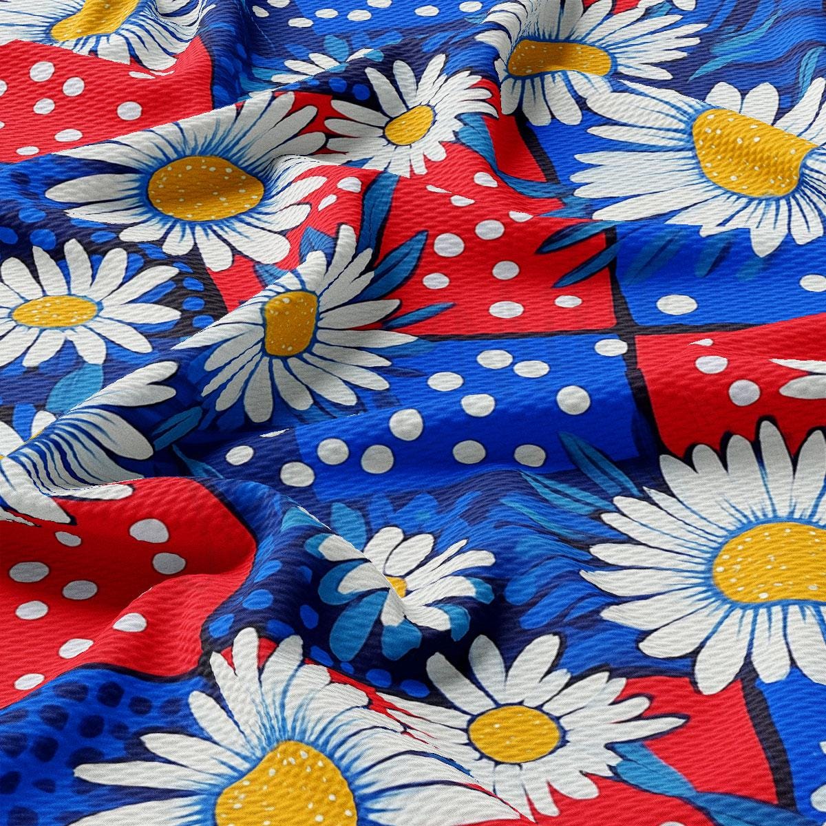 a red, white, and blue fabric with flowers on it